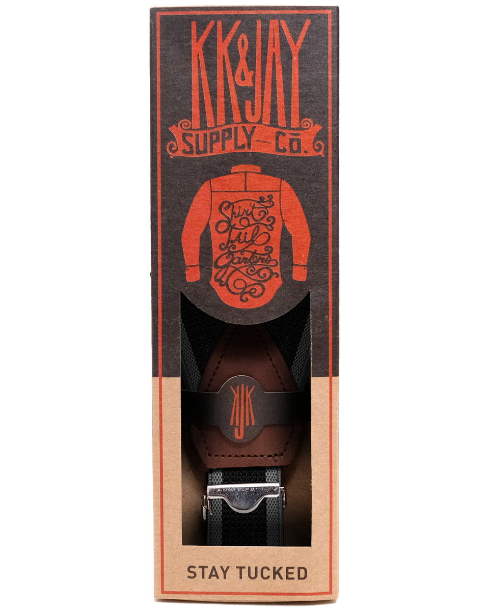 KK & Jay Supply Co. Shirttail Garters Wrigby Stripe Black Shirt Stays