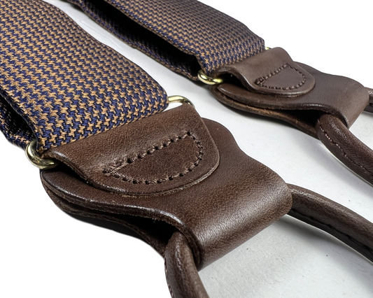 Fowler Puppytooth Silk Suspenders - Navy/Tan - KK & Jay Supply Co.
